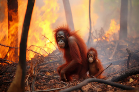 Mother orangutan and her baby warming up by a cozy fire. Generative AIの素材