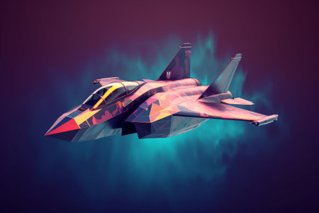Vibrant fighter jet soaring through the sky. Generative AIの素材