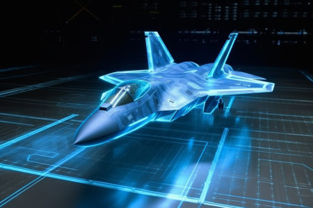 Virtual fighter jet soaring with blazing speed. Generative AIの素材
