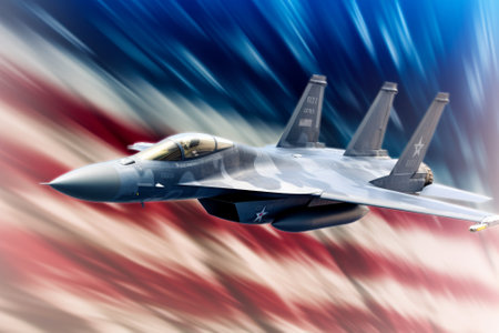 American fighter jet soaring through a clear blue sky with a patriotic american flag backdrop. Generative AIの素材