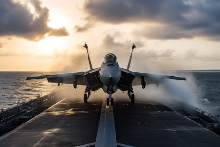 Fighter jet landing on the deck of an aircraft carrier at sea. Generative AIの素材