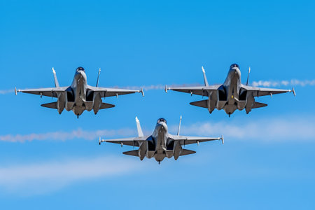 Three fighter jets flying in synchronized formation against a clear blue sky. Generative AIの素材