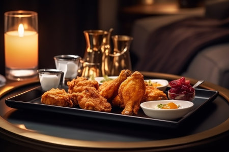 Table setting with a delicious spread of fried food and a warm candlelit ambiance. Generative AIの素材