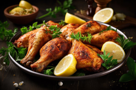 Deliciously cooked plate of chicken with lemon and parsley garnish. Generative AIの素材