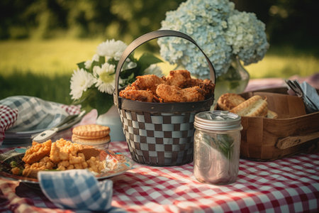 Delicious fried food spread on a rustic picnic table. Generative AIの素材