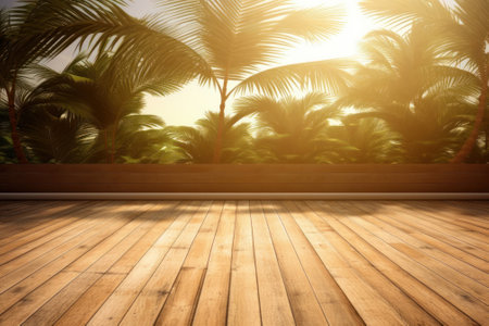 Tropical scene with palm trees and a wooden floor. Generative AIの素材