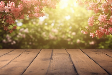 Wooden table decorated with pink flowers. Generative AIの素材