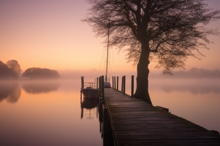Serene dock on a peaceful lake with a small boat in the water. Generative AIの素材