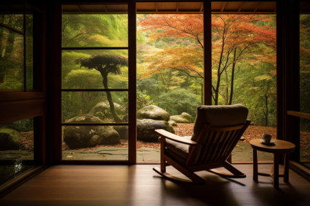 Cozy rocking chair in front of a sunlit window. Generative AIの素材