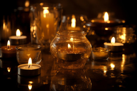 Glowing ensemble of flickering candles atop a wooden surface. Generative AIの素材