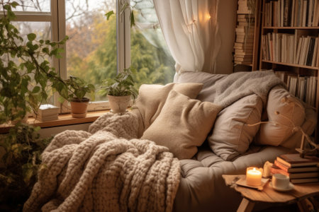 Cozy living room with a comfortable couch and natural light coming in from the window. Generative AIの素材