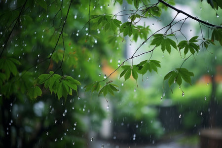 Rain-soaked green tree with fresh drops on it. Generative AIの素材
