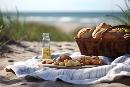 Freshly baked bread basket on a sandy beach, with the ocean in the background. Generative AIの素材
