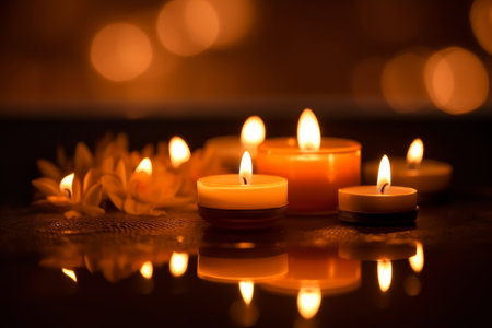 Candles illuminating a table in a dark room. Generative AIの素材