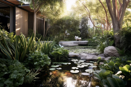 Serene garden with lush green trees and blooming water lilies. Generative AIの素材