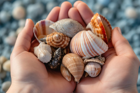 Person holding a collection of seashells. Generative AIの素材
