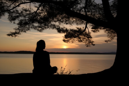 Person sitting on the ground next to a tree, enjoying nature. Generative AIの素材