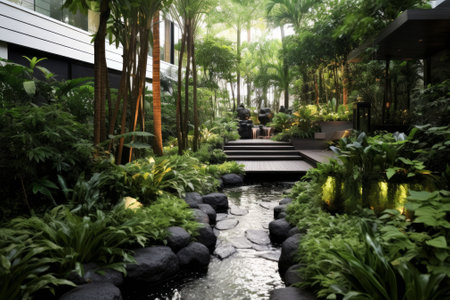Lush tropical garden with a flowing stream of water. Generative AIの素材