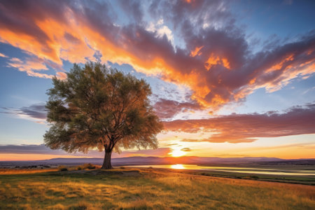 Solitary tree silhouetted against a colorful sunset in an open field. Generative AIの素材
