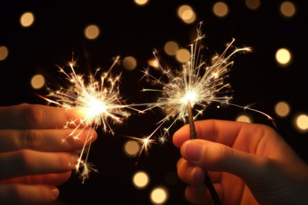 Two people holding sparklers and creating beautiful light trails. Generative AIの素材