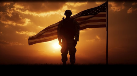 Soldier holding an american flag in a silhouette against the sunset. Generative AIの素材