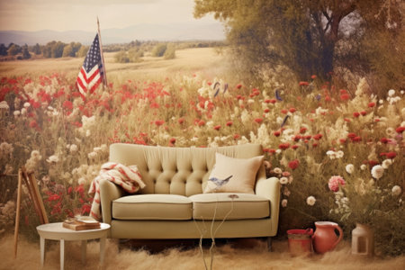 Cozy couch surrounded by colorful flowers and the american flag waving in the background. Generative AIの素材