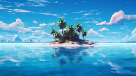 Serene tropical island with swaying palm trees and crystal clear waters on a sunny dayの素材