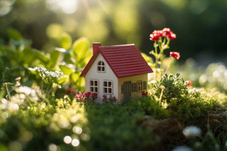 Small house toy amidst greenery in natural lightingの素材
