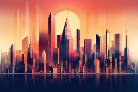 Stunning cityscape at sunset with towering skyscrapersの素材