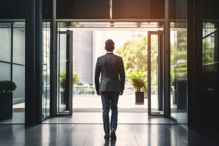 Businessman exiting a corporate building in a professional attireの素材