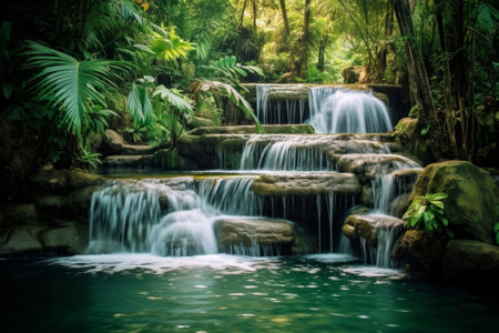 Stunning tropical waterfall surrounded by lush greeneryの素材