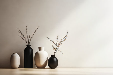 Three black and white vases sitting on a table, framed by a windowの素材