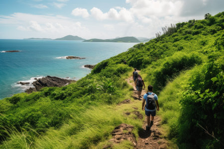 Couple walking down a grassy hill with a scenic viewの素材