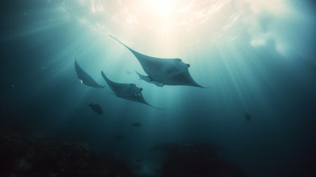 School of manta rays swimming in the clear blue ocean waterの素材