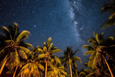 Serene night sky with silhouetted palm trees and the milky way galaxy in full viewの素材