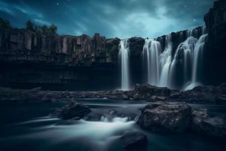 Stunning waterfall in the midst of crystal clear waters in night using long exposureの素材
