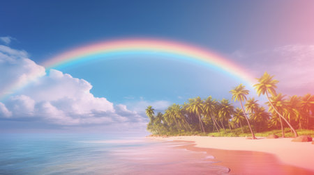 Colorful rainbow stretching over a tropical beach lined with swaying palm treesの素材