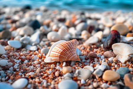 Shells and pebbles on a sandy beach up closeの素材