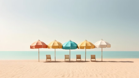 Colorful row of beach umbrellas on a sandy beachの素材