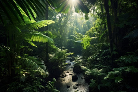 Serene stream flowing through a verdant forestの素材