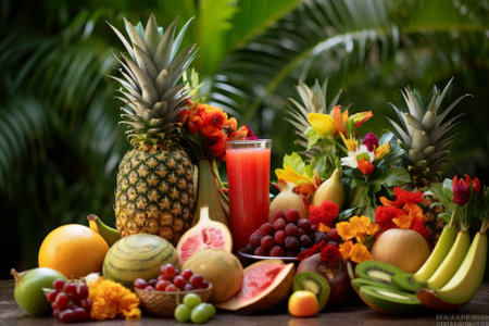 Colorful fruit platter arranged on a wooden tableの素材
