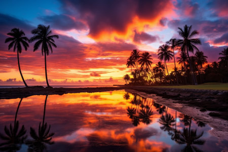 Stunning sunset with palm trees reflected in the waterの素材
