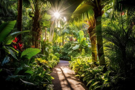 Sunlight filtering through lush tropical foliage in a gardenの素材