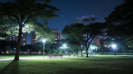 An urban park with diminished stargazing opportunities due to light pollutionの素材