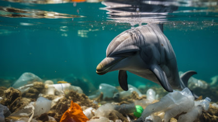 Close up of a dolphin swimming in a sea of plastic wasteの素材