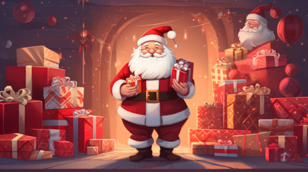 Cartoon style Yuletide illustration of Santa Claus and presents.の素材
