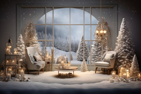 Festive room adorned with white christmas decorationsの素材
