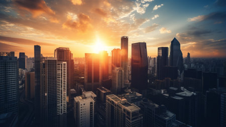 Dramatic cityscape with the sun setting behind the skyscrapersの素材
