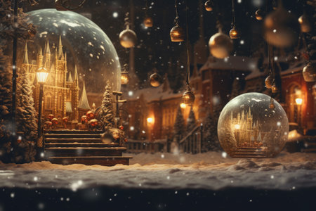 Festive christmas scene with snow globes and twinkling lightsの素材