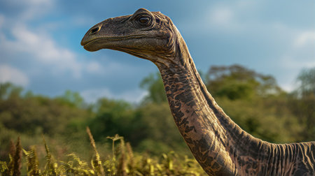 A close up of a Brachiosaurus's graceful long neckの素材